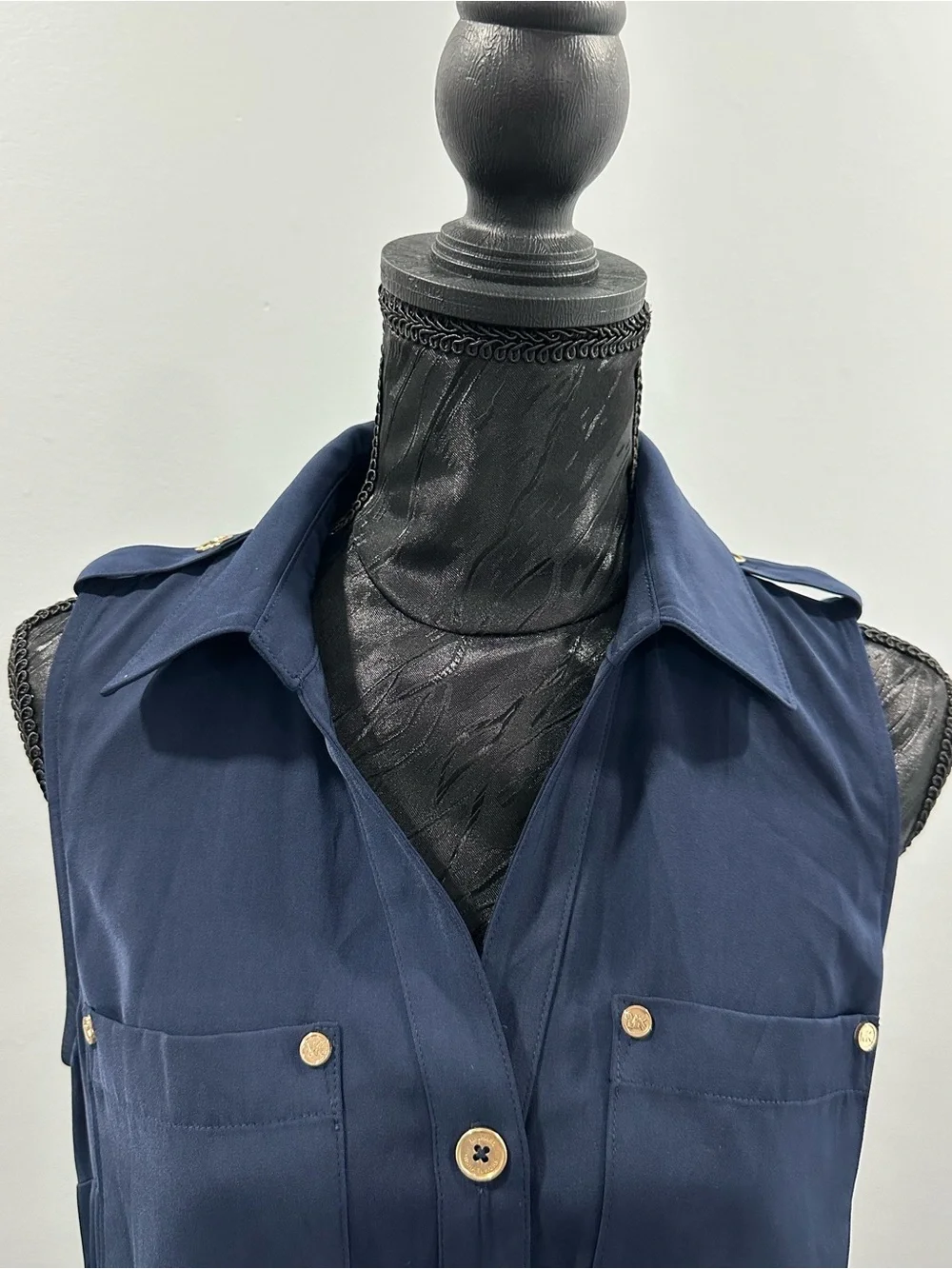 Michael Kors Sleeveless Navy Trench Dress with Gold Buttons size S